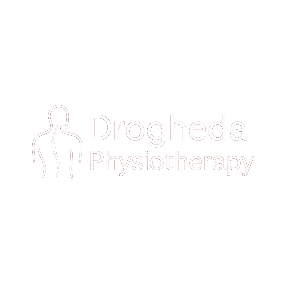 White "Drogheda Physiotherapy" logo featuring a minimalist human silhouette with a dotted spine, set against a maroon background.